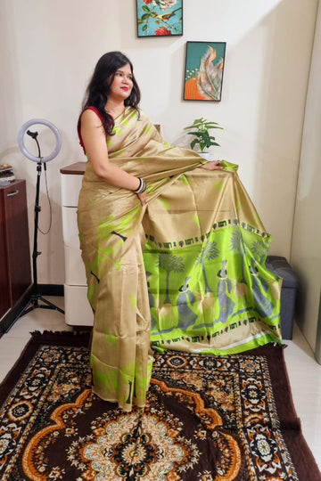 Khadi silk neon green & beige saree