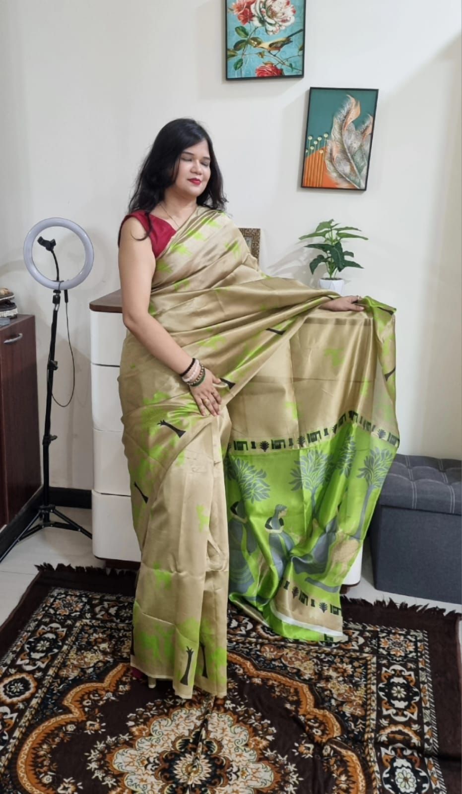 Khadi silk neon green & beige saree