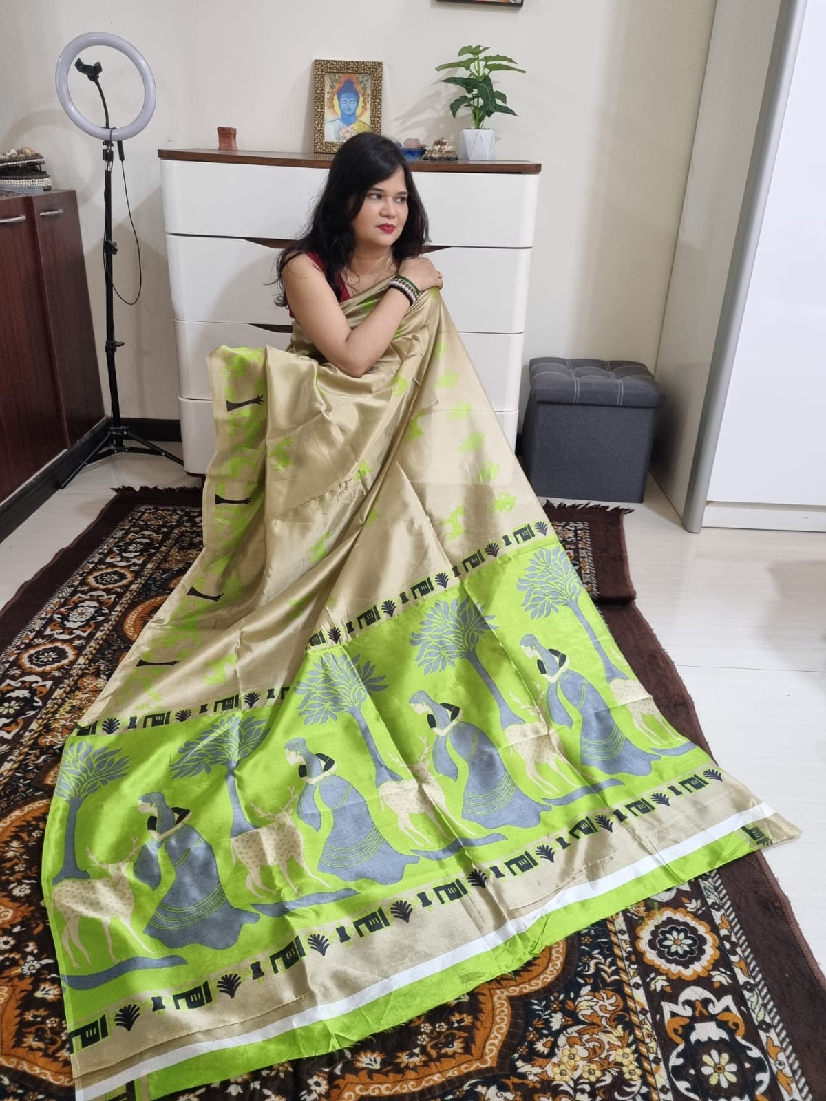 Khadi silk neon green & beige saree