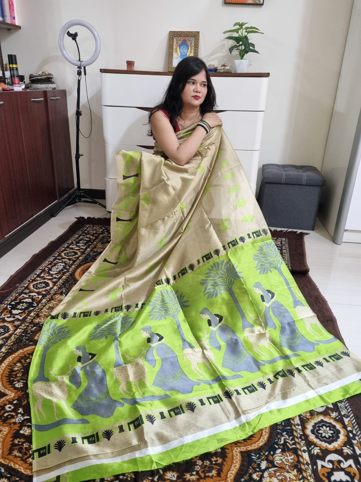 Khadi silk neon green & beige saree