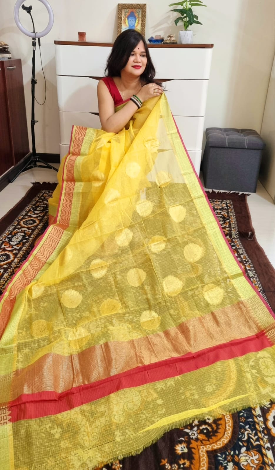 kota silk weaving yellow red paan boota saree