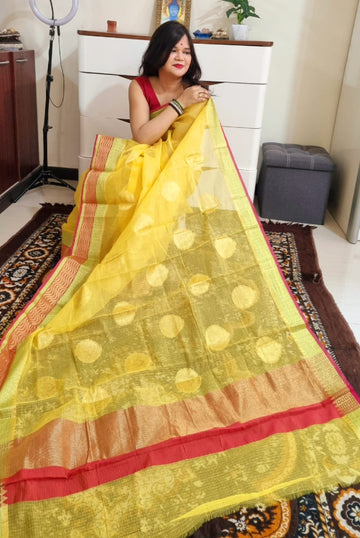 kota silk weaving yellow red paan boota saree