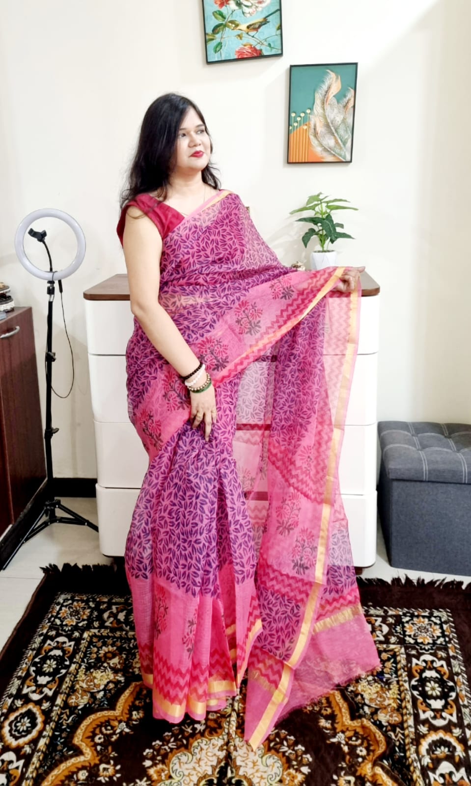 Kota cotton silk handblock  pink saree