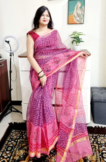 Kota cotton silk handblock  pink saree