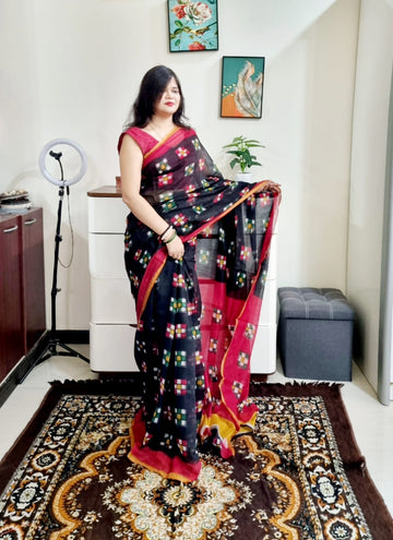 Soft cotton black Digital printed saree