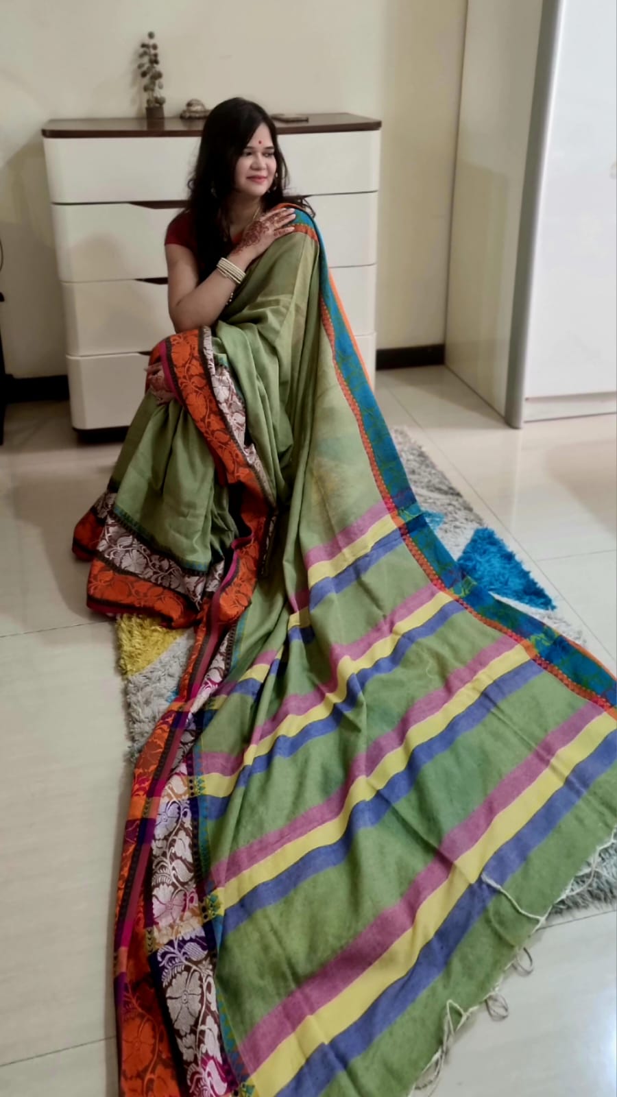 Rainbow border Soft cotton khadi saree