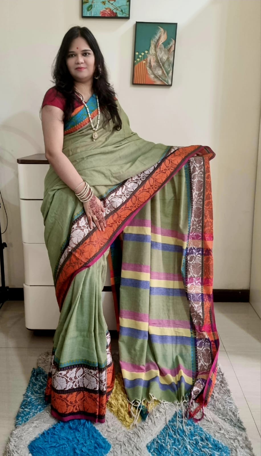 Rainbow border Soft cotton khadi saree