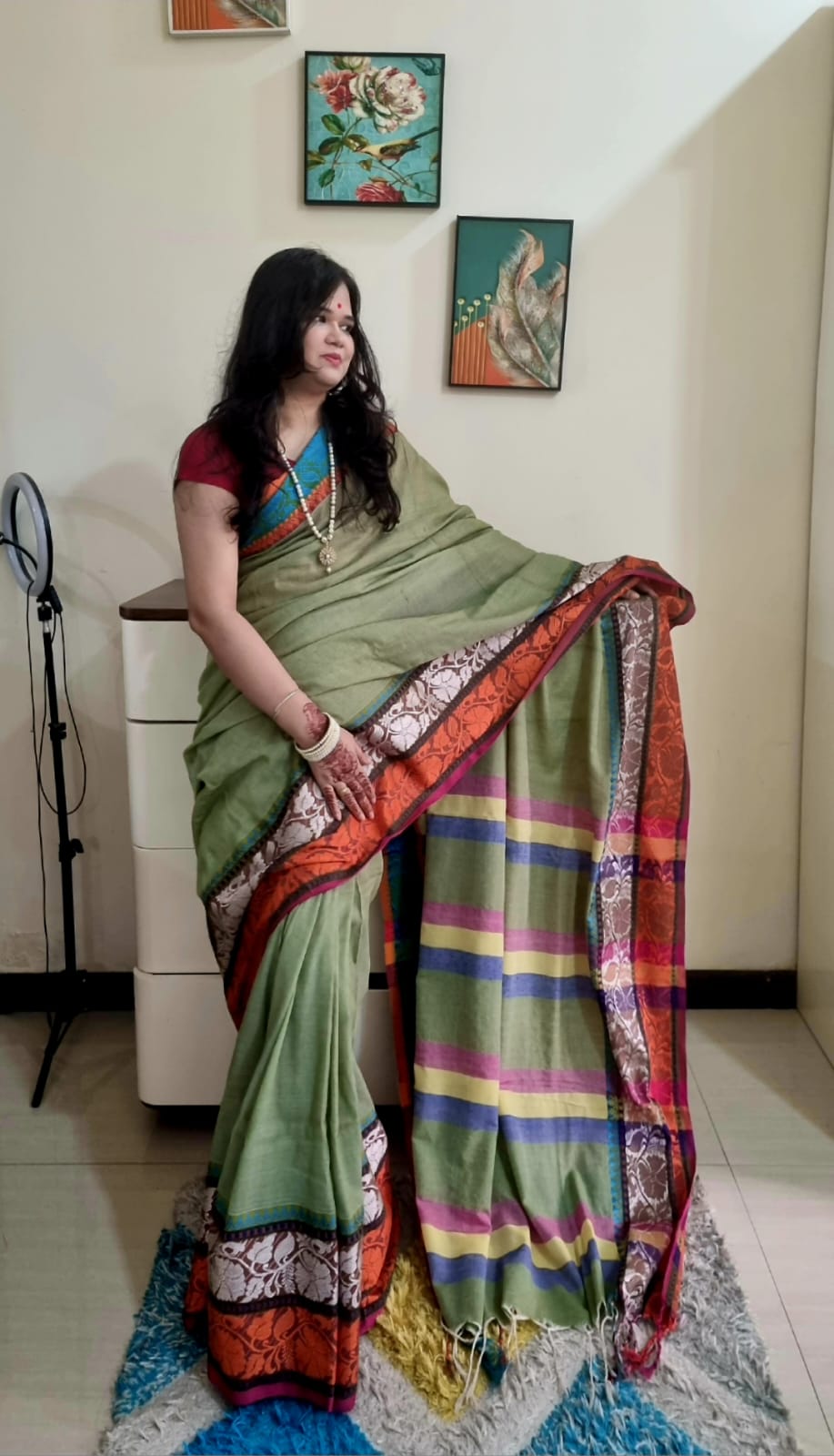 Rainbow border Soft cotton khadi saree