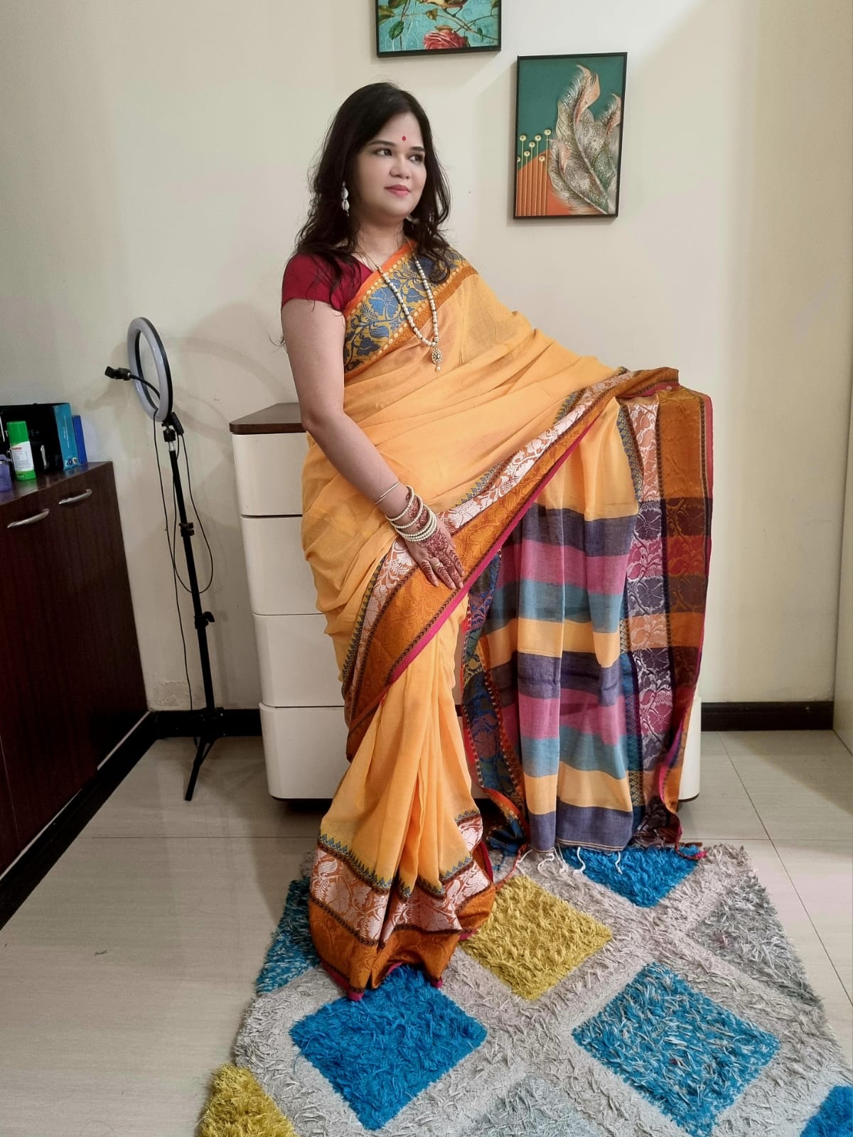 Rainbow border Soft cotton khadi saree