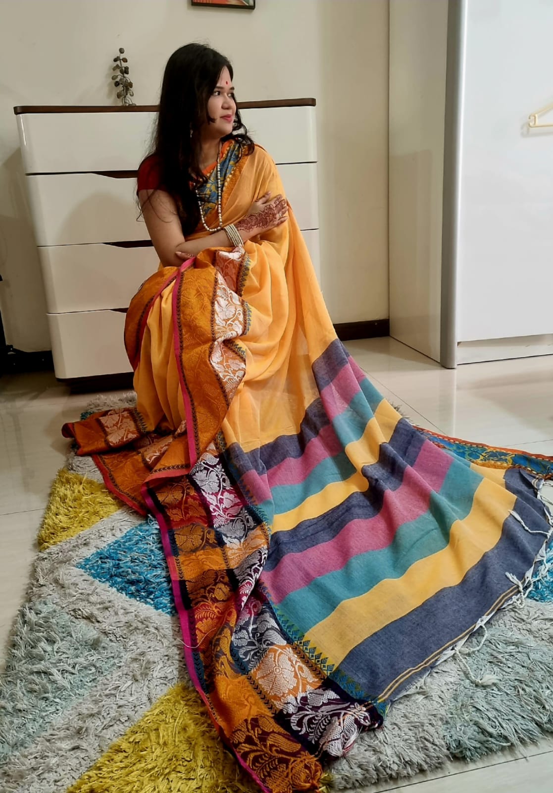 Rainbow border Soft cotton khadi saree