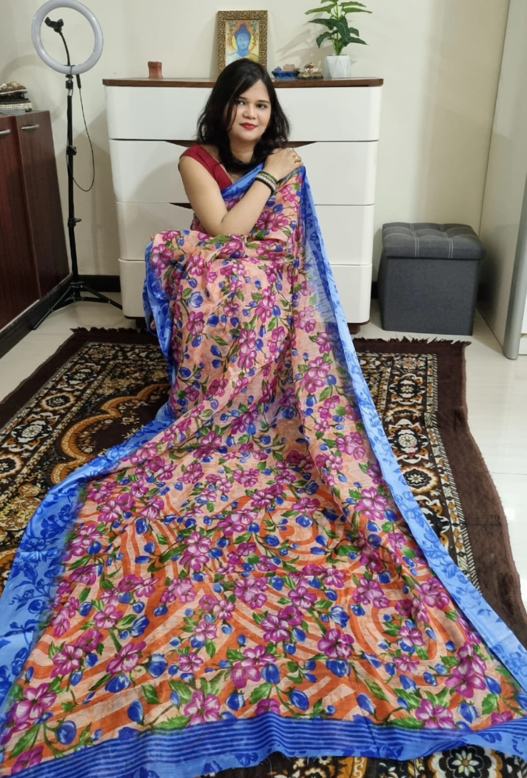 floral digital print linen cotton peach saree