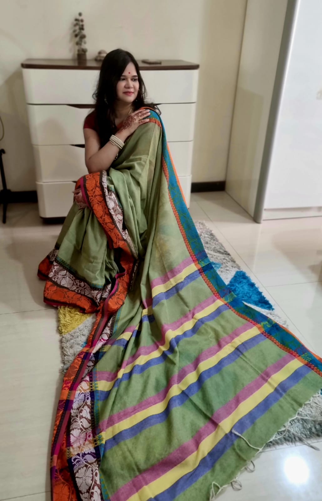 Rainbow border Soft cotton khadi saree