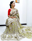 Kalamkari silk olive green (Machilipatnam) pedana work saree