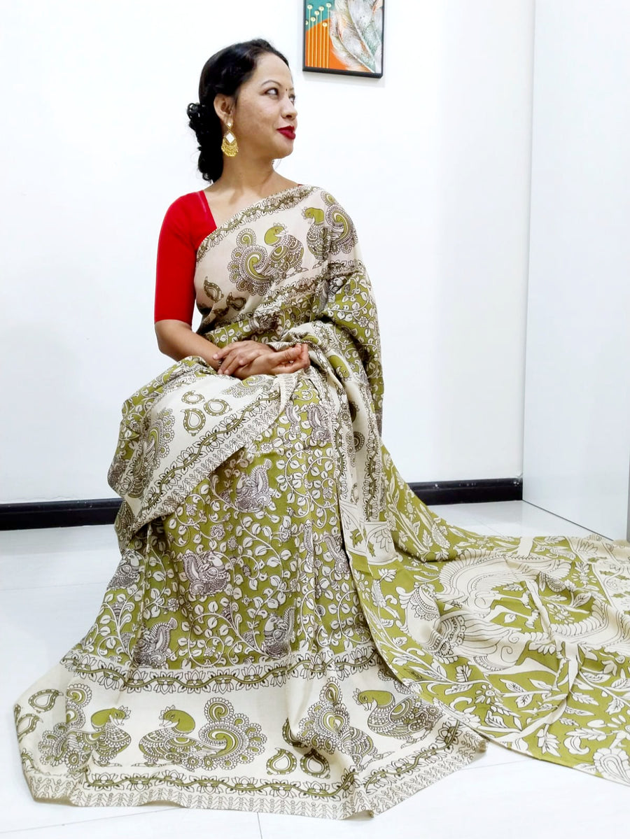 Kalamkari silk olive green (Machilipatnam) pedana work saree