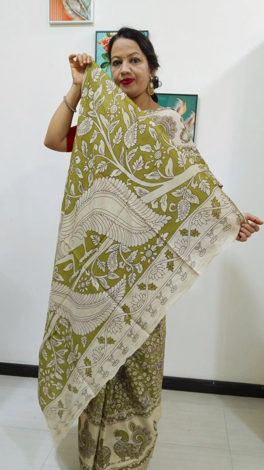 Kalamkari silk olive green (Machilipatnam) pedana work saree