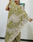 Kalamkari silk olive green (Machilipatnam) pedana work saree