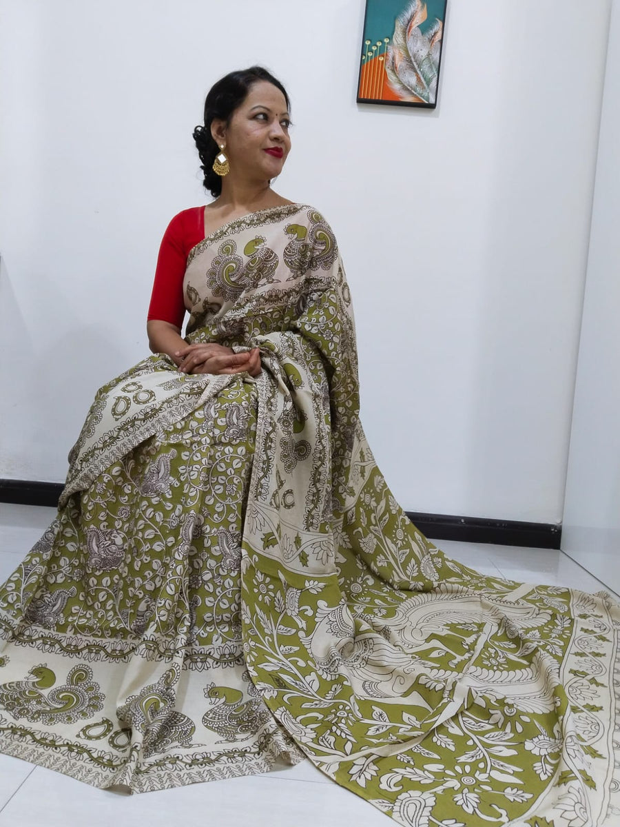 Kalamkari silk olive green (Machilipatnam) pedana work saree