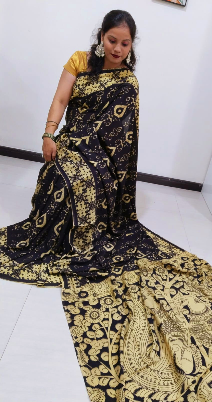 Kalamkari silk olive green (Machilipatnam) pedana work saree
