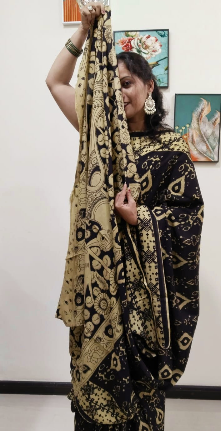 Kalamkari silk olive green (Machilipatnam) pedana work saree
