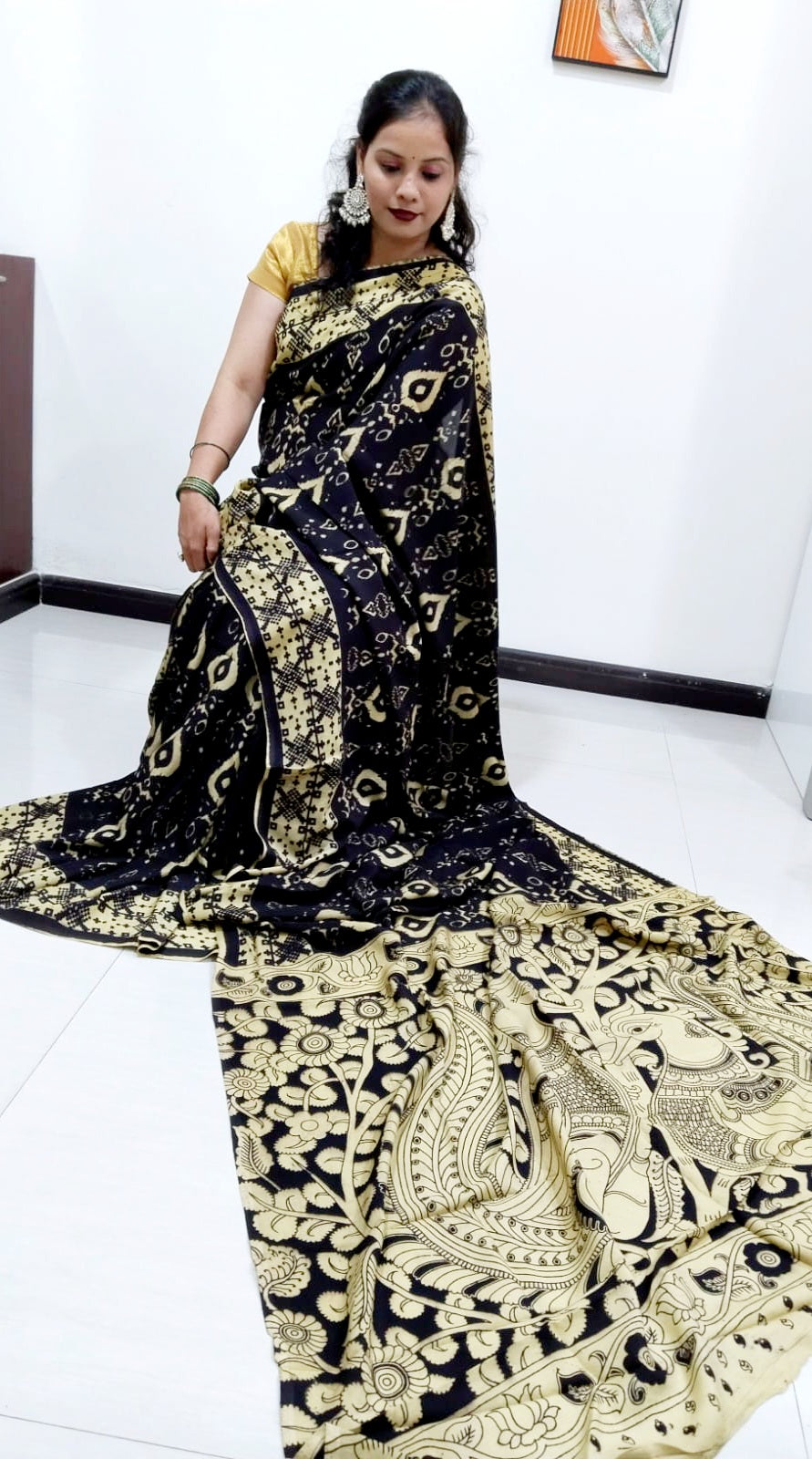 Kalamkari silk olive green (Machilipatnam) pedana work saree