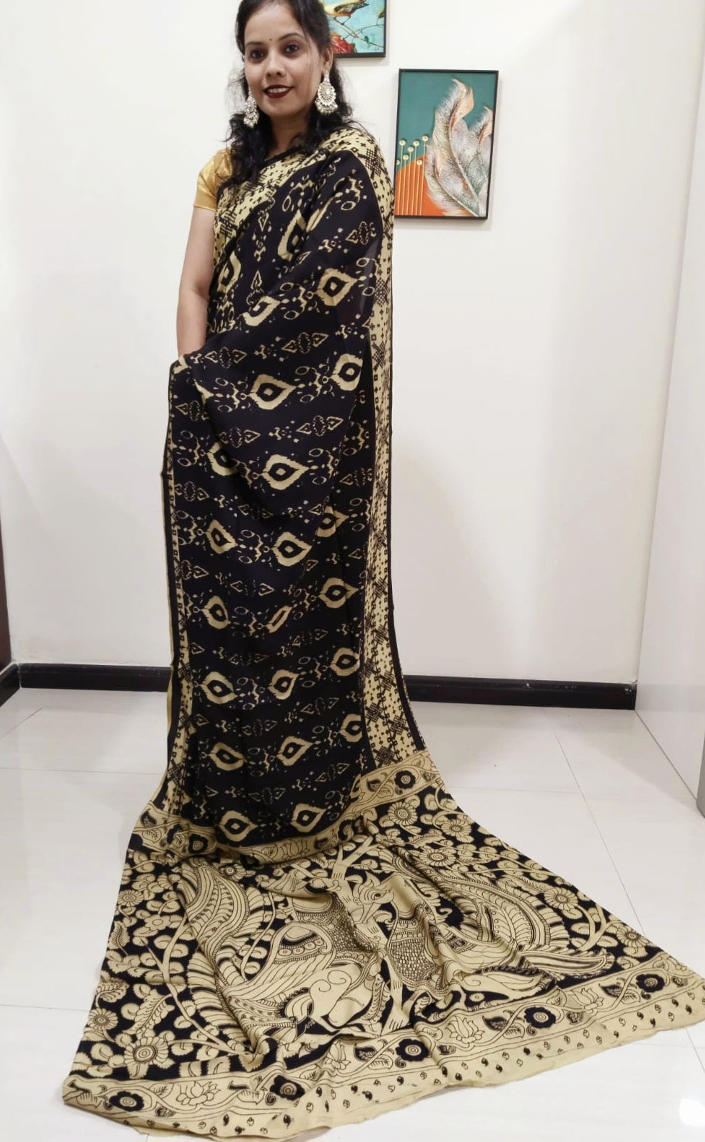 Kalamkari silk olive green (Machilipatnam) pedana work saree