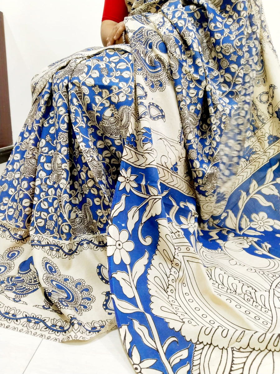 Kalamkari silk Blue and white (Machilipatnam) pedana work saree