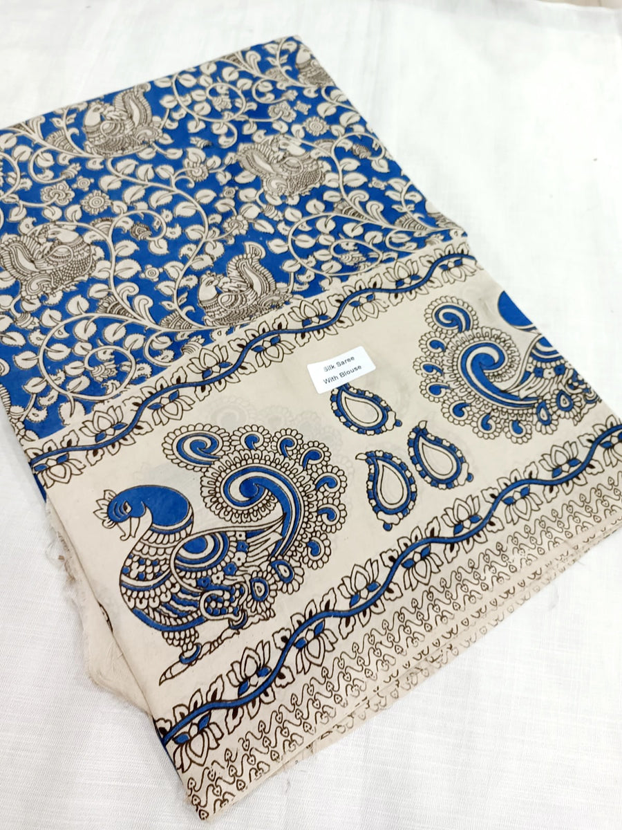 Kalamkari silk Blue and white (Machilipatnam) pedana work saree