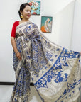 Kalamkari silk Blue and white (Machilipatnam) pedana work saree