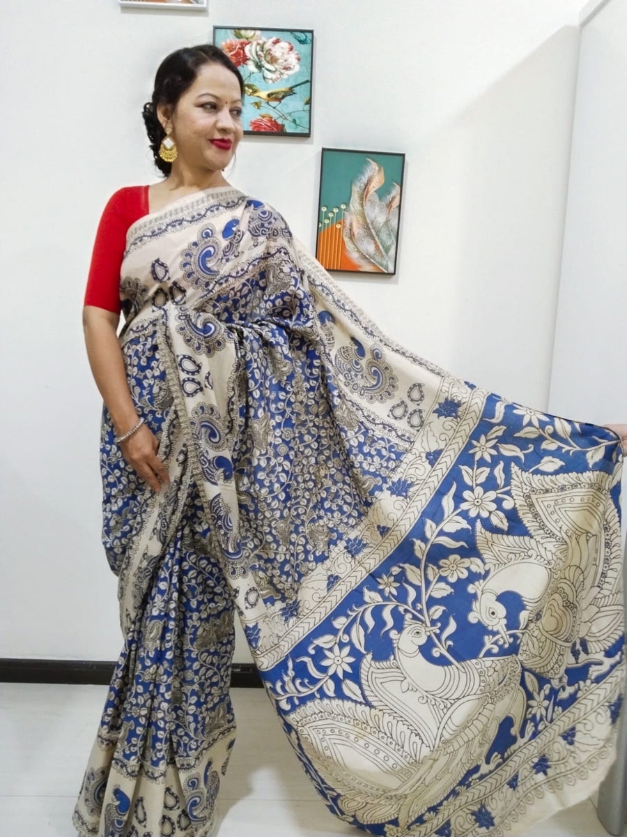 Kalamkari silk Blue and white (Machilipatnam) pedana work saree