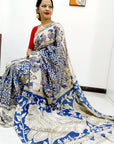 Kalamkari silk Blue and white (Machilipatnam) pedana work saree