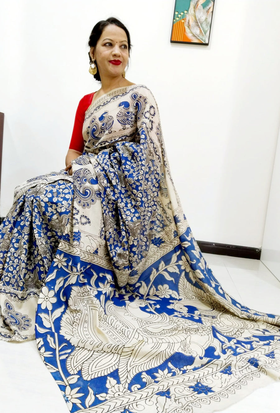 Kalamkari silk Blue and white (Machilipatnam) pedana work saree