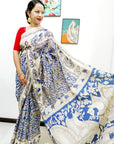 Kalamkari silk Blue and white (Machilipatnam) pedana work saree