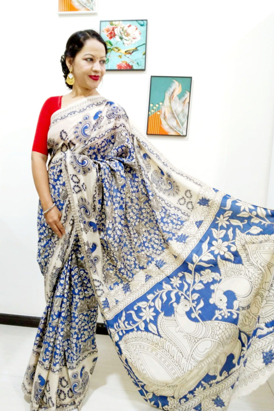 Kalamkari silk Blue and white (Machilipatnam) pedana work saree