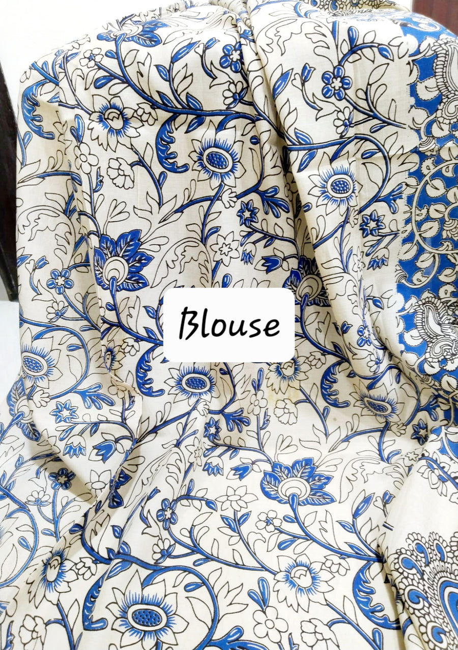 Kalamkari silk Blue and white (Machilipatnam) pedana work saree