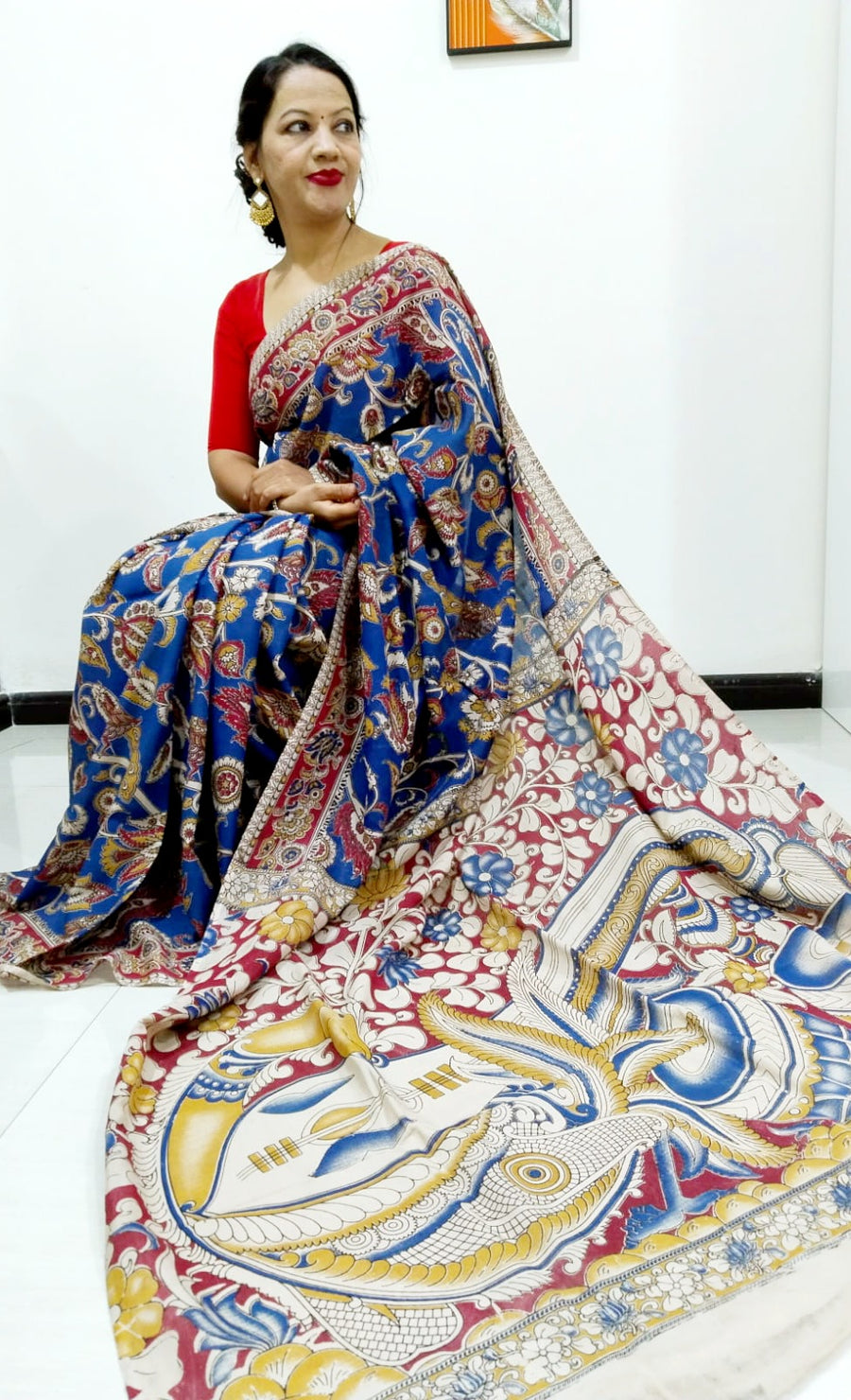 Kalamkari silk Blue and multicolor (Machilipatnam) pedana work saree