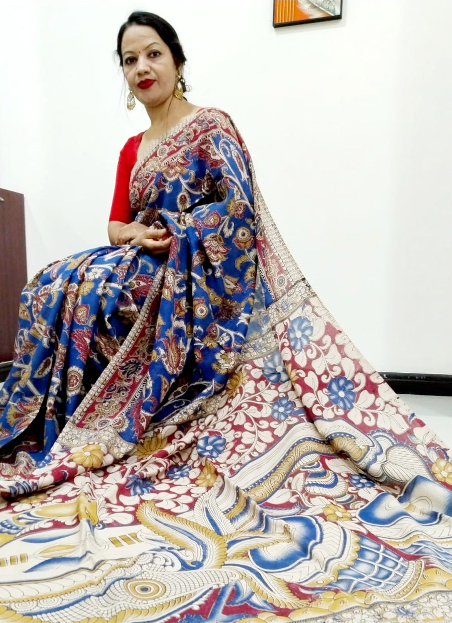 Kalamkari silk Blue and multicolor (Machilipatnam) pedana work saree