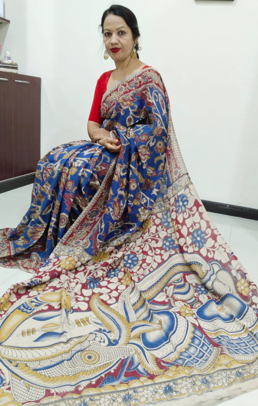 Kalamkari silk Blue and multicolor (Machilipatnam) pedana work saree