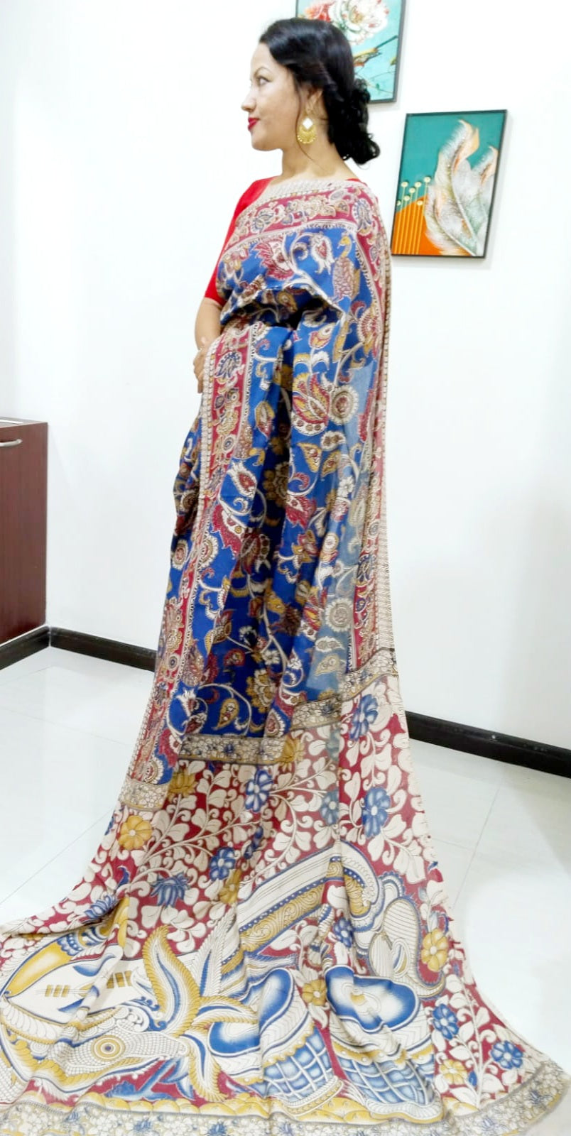 Kalamkari silk Blue and multicolor (Machilipatnam) pedana work saree