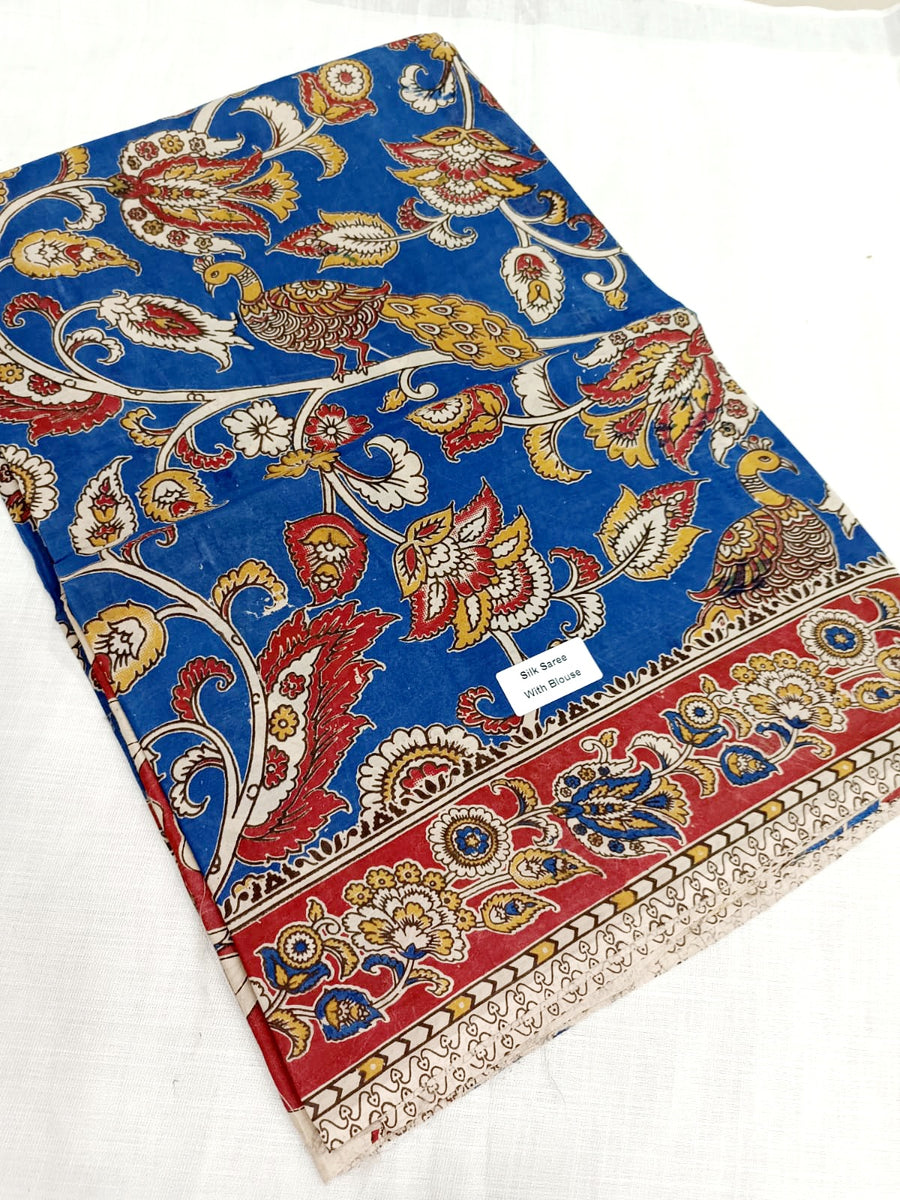 Kalamkari silk Blue and multicolor (Machilipatnam) pedana work saree