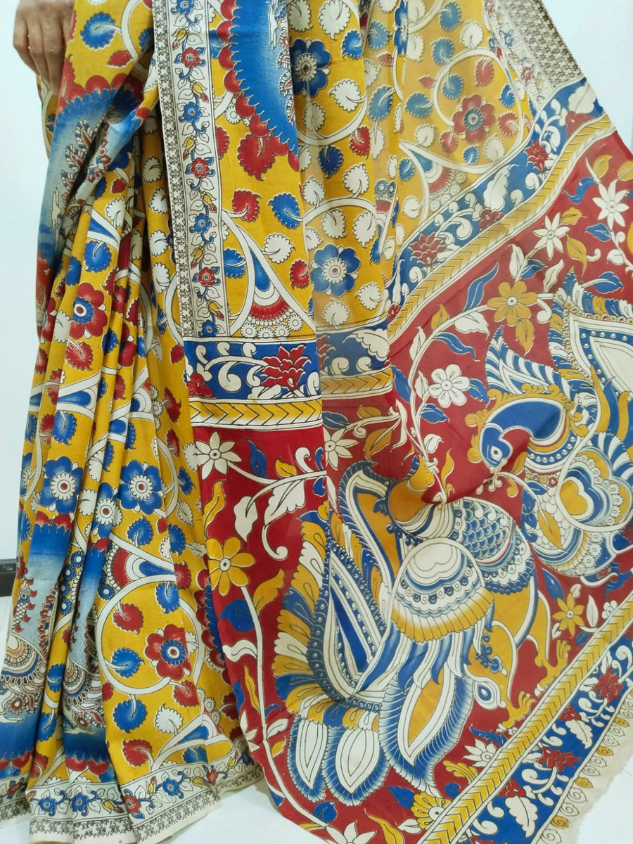 Kalamkari silk yellow and red (Machilipatnam) pedana work saree