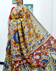 Kalamkari silk yellow and red (Machilipatnam) pedana work saree