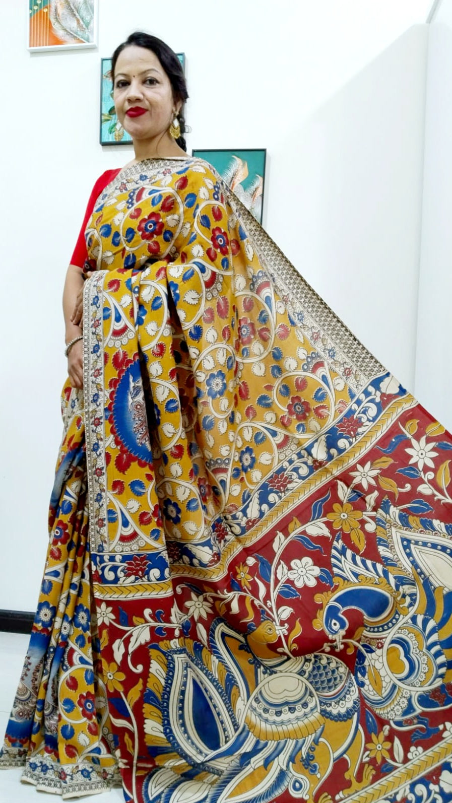 Kalamkari silk yellow and red (Machilipatnam) pedana work saree