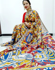 Kalamkari silk yellow and red (Machilipatnam) pedana work saree