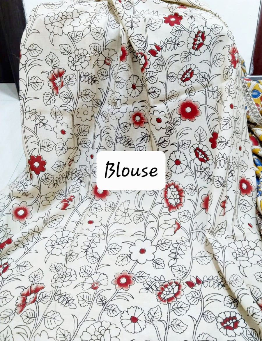 Kalamkari silk yellow and red (Machilipatnam) pedana work saree