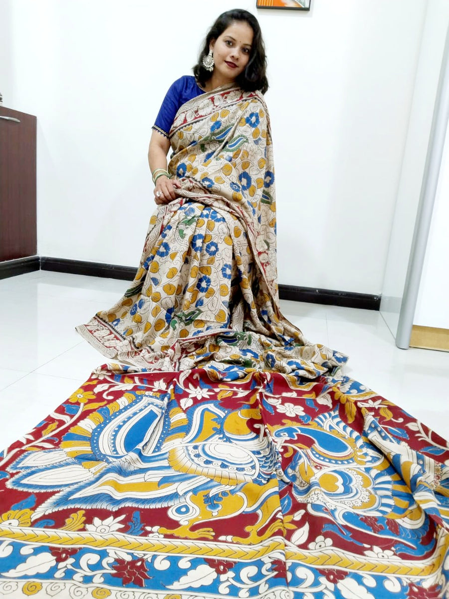 Kalamkari silk off white and red (Machilipatnam) pedana work saree