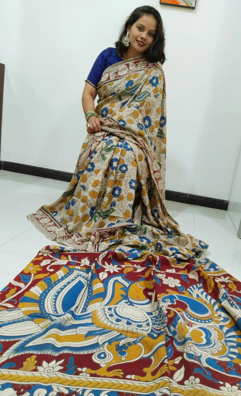 Kalamkari silk off white and red (Machilipatnam) pedana work saree