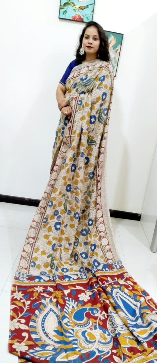 Kalamkari silk off white and red (Machilipatnam) pedana work saree