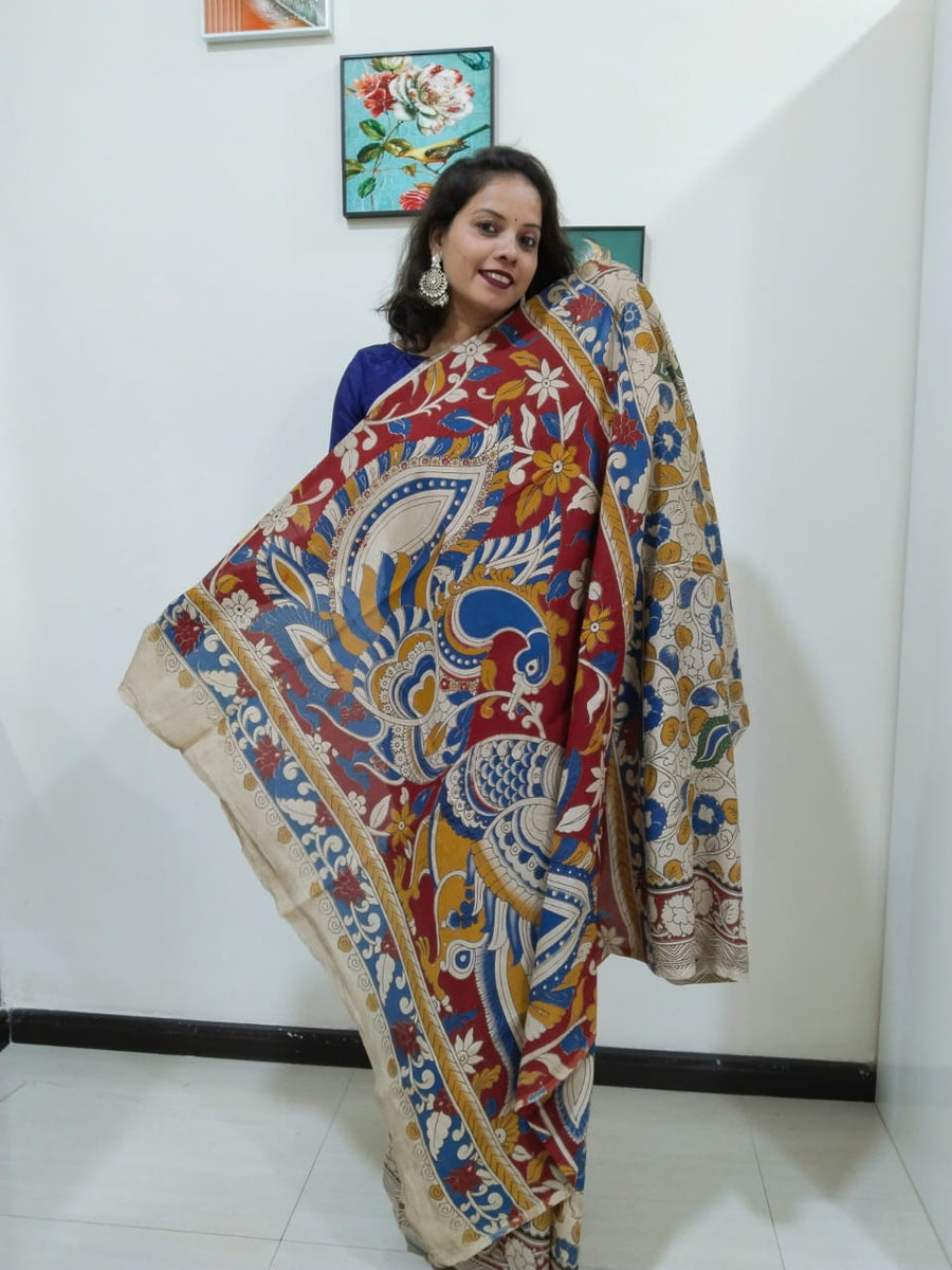 Kalamkari silk off white and red (Machilipatnam) pedana work saree