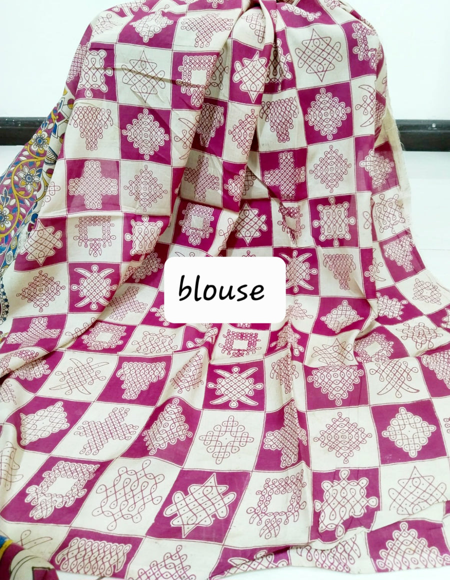 Kalamkari silk off-white and dark pink pedana work saree