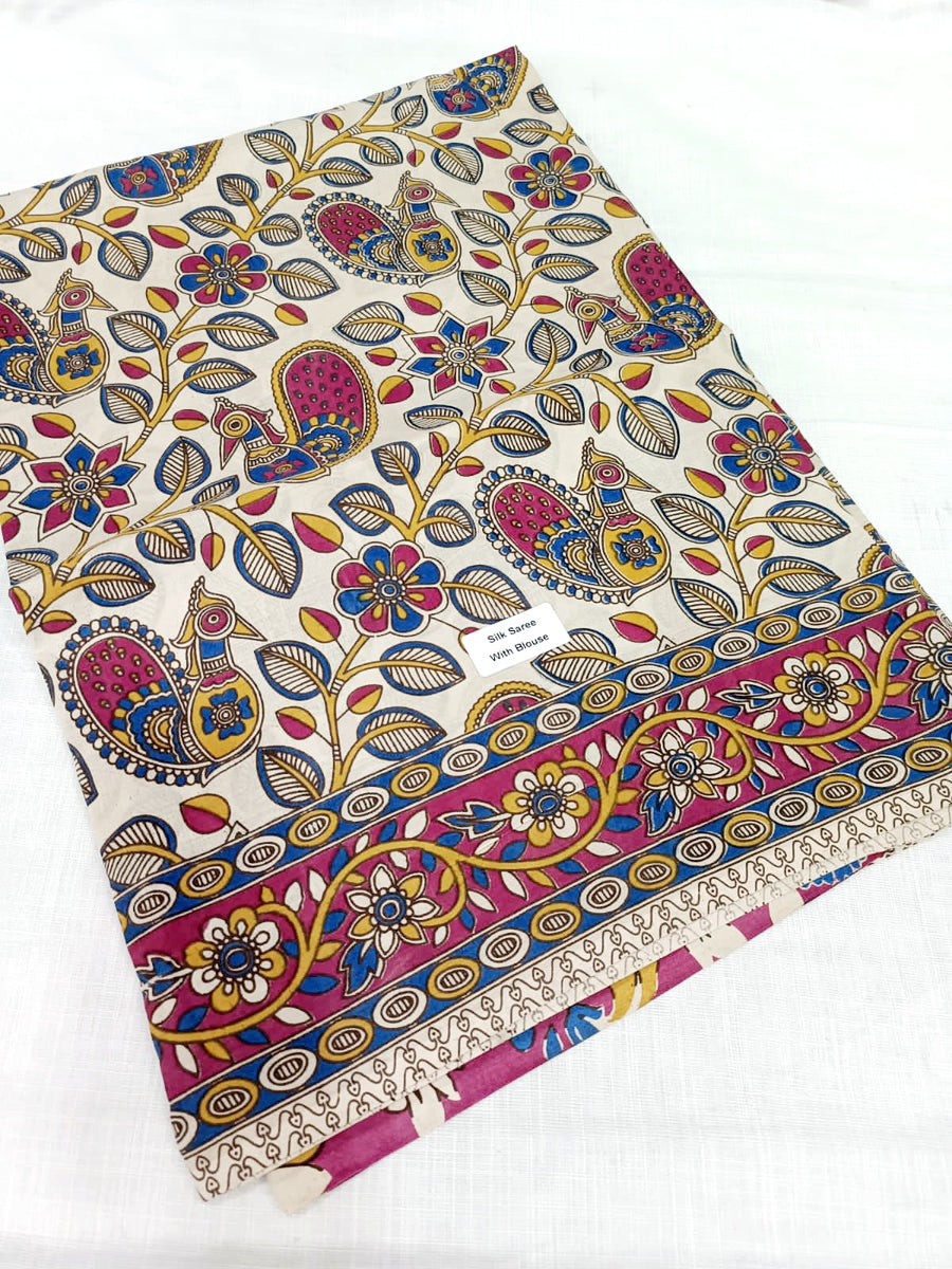 Kalamkari silk off-white and dark pink pedana work saree